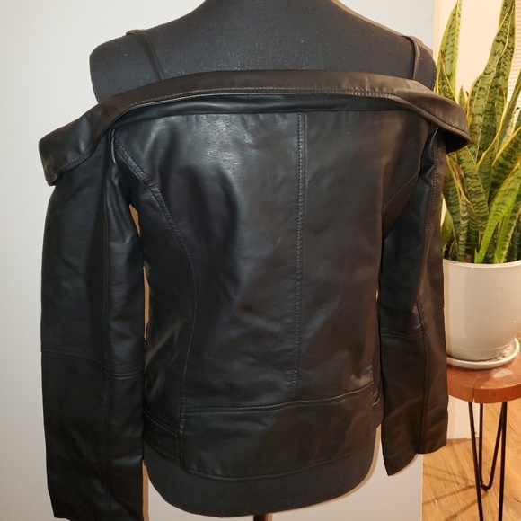 Vegan Leather Off the Shoulder Moto Jacket shirt - Picture 2 of 3